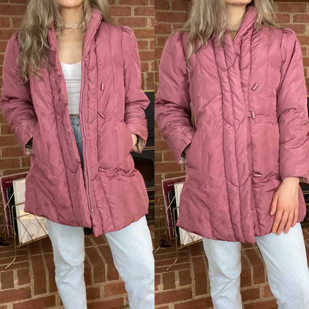 Vintage 80s Dusty Rose Down-Filled Long Puffer Pocket Winter Hoodless  S…